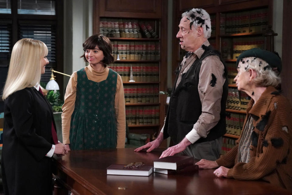 Kate Micucci (second from left) on Tuesday night’s episode of “Night Court” with series star Melissa Rauch (left), Brent Spiner and Annie O’Donnell. NBC