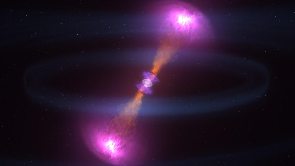 This still from a NASA animation shows the aftermath of a collision of two neutron stars, which merged into an objected called GW170817. Gravitational waves from the collision were detected on Aug. 17, 2017. <cite>NASA's Goddard Space Flight Center/CI Lab</cite>