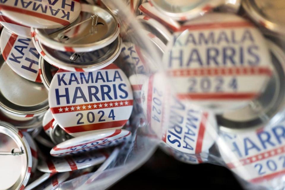 Buttons in support of U.S. Vice President Kamala Harris' presidential campaign are pictured at the Gloo Factory in Tucson, Arizona, U.S. July 25, 2024.