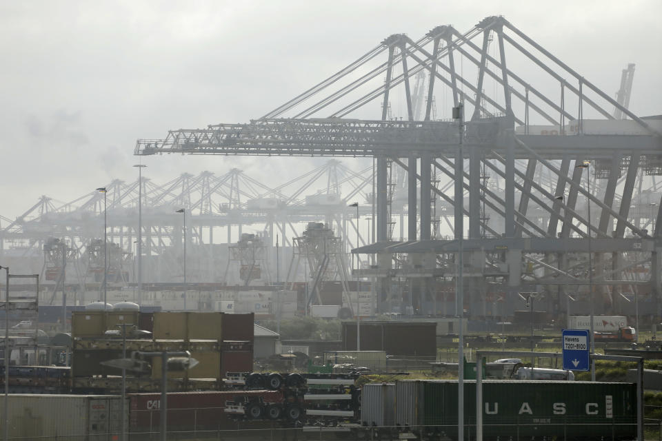 View of the harbor of Rotterdam, Netherlands, Tuesday, Sept. 11, 2018. Gert Mulder of the Dutch Fresh Produce Center that supports some 350 traders and growers associations fears the worst if negotiators trying to hammer out a Brexit deal fail. One truck driver showing up at the docks without the proper paperwork "could throw it all into chaos," he says. (AP Photo/Peter Dejong)