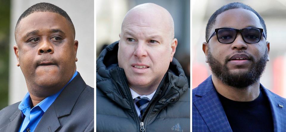 This combination of images shows, from left, amateur basketball league director Merl Code; former Adidas executive James Gatto; and business manager Christian Dawkins.