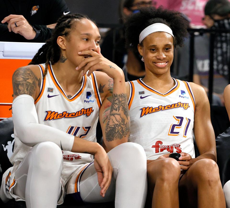 Brittney Griner #42 and Brianna Turner #21 of the Phoenix Mercury