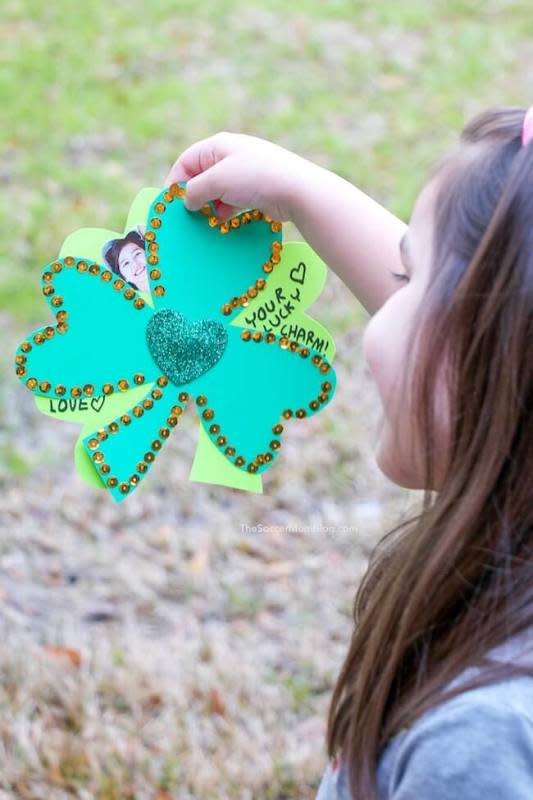 <p>The Soccer Mom</p><p>This “lucky charm” photo card is not only a cute 3-D craft project that is simple to make, but it can be a memorable gift for grandparents or friends! Head over to <a href="https://thesoccermomblog.com/kid-made-shamrock-photo-card/" rel="nofollow noopener" target="_blank" data-ylk="slk:The Soccer Mom;elm:context_link;itc:0;sec:content-canvas" class="link rapid-noclick-resp">The Soccer Mom</a> blog for the tutorial and video!</p>