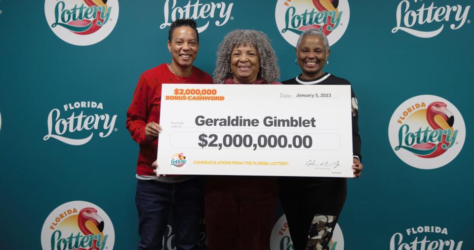 Geraldine Gimblet, who bought the last $2,000,000 Bonus Cashword Scratch-Off ticket at a store in Lakeland, Fla. Gimblet spent her savings to support her daughter who was diagnosed with breast cancer. She won the lottery just a day after her daughter received her last cancer treatment.