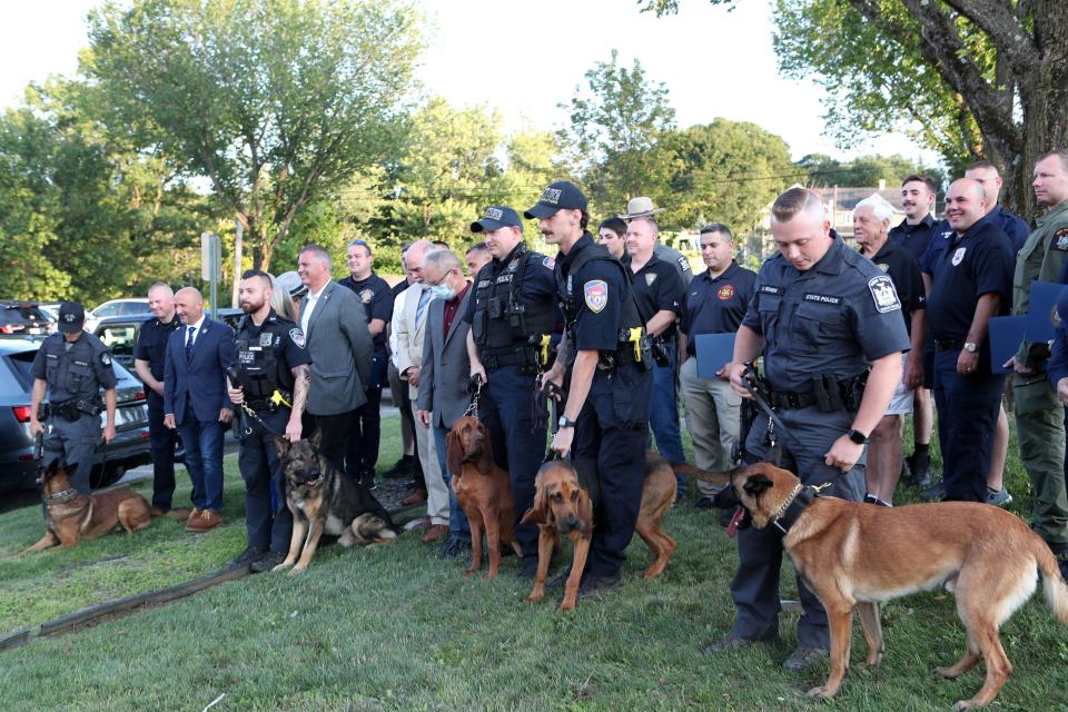 First responders from several agencies who assisted in a 5-day search for an elderly missing Mahopac man, who was found alive on Monday, were honored during a brief ceremony at Carmel Town Hall in Mahopac  Aug. 2, 2023. 