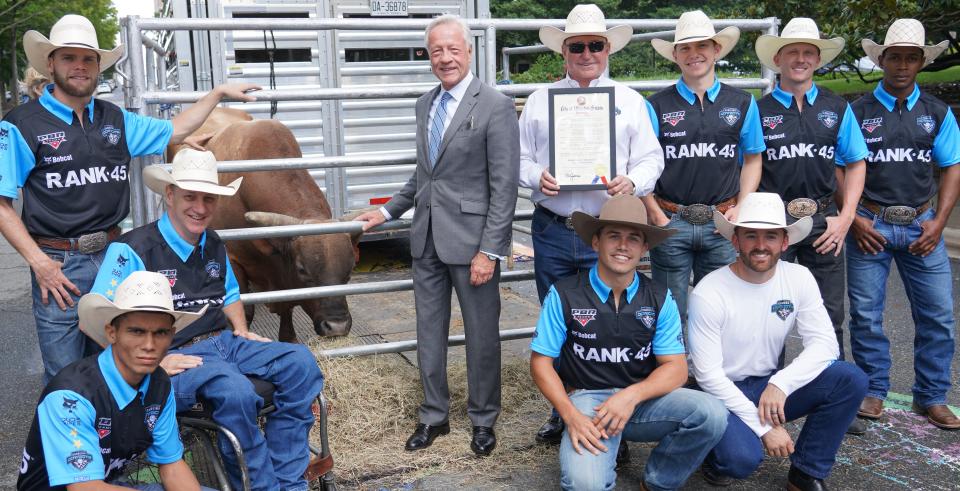 On Thursday, Winston-Salem Mayor Allen Joines granted honorary citizenship to a Professional Bull Riding bull Dang It; Carolina Cowboys Professional Bull Riders team owner, Richard Childress; team General Manager Austin Dillon and members of the the Carolina Cowboys PBR during a ceremony to kick off the team's first home event on Sept. 9, 10 and 11 in Winston-Salem.