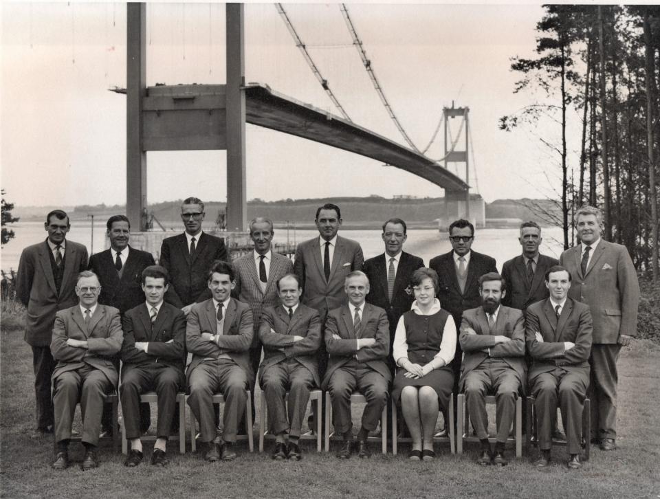 Parsons, seated fourth from left, with the Severn Bridge team, during construction in 1965 - family