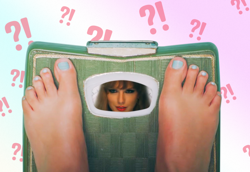 Taylor Swift's face appears in the number window of a weight scale