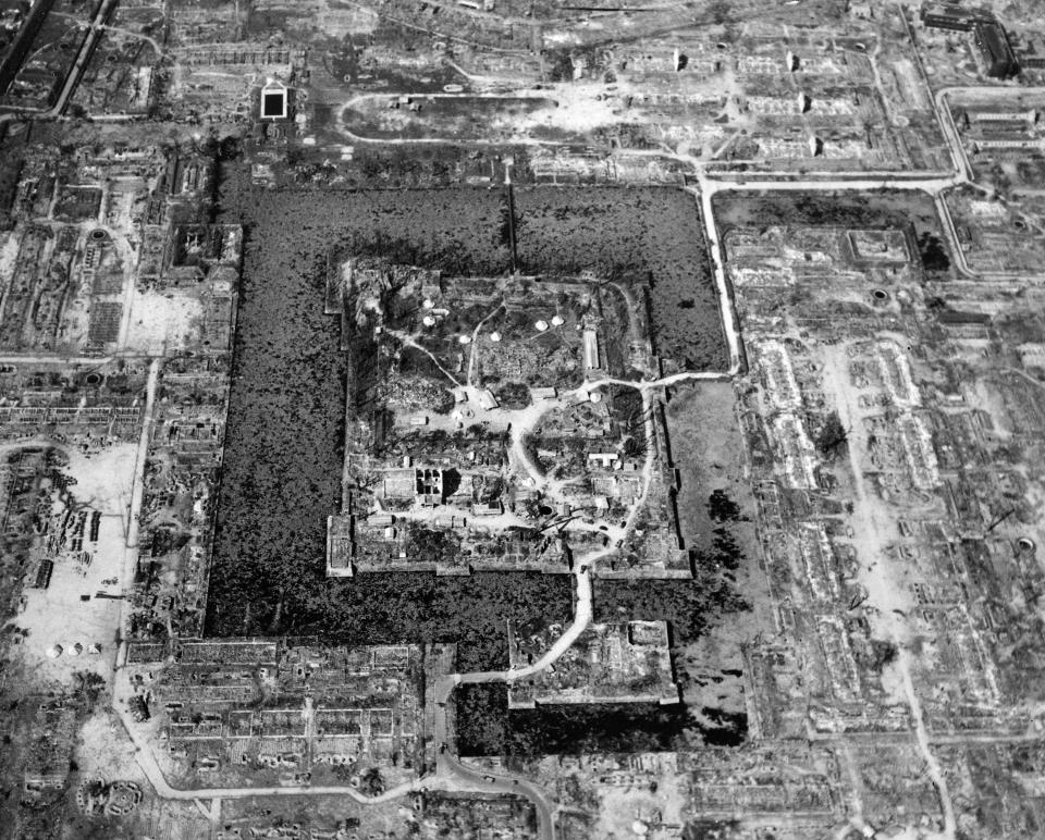 Here is a view of the total destruction of Hiroshima, the result of the first atomic bomb dropped in wartime, August 6, 1945.