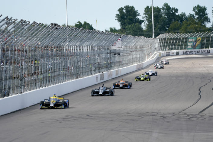 Drivers make their way down the front straight during the IndyCar auto race at World Wide Technology Raceway on Sunday, Aug. 30, 2020, in Madison, Ill. (AP Photo/Jeff Roberson)