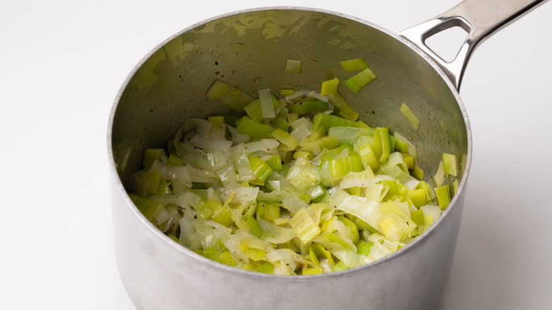 sauteed leeks in a saucepan