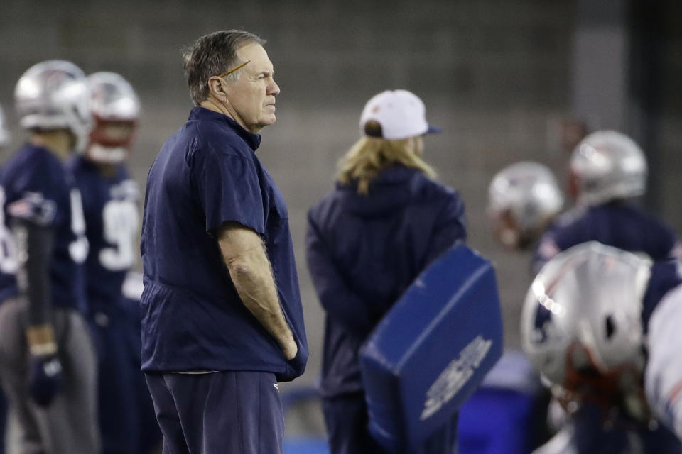 New England Patriots head coach Bill Belichick walks field during NFL football practice, Friday, Feb. 1, 2019, in Atlanta, as the team prepares for Super Bowl 53 against the Los Angeles Rams. (AP Photo/Matt Rourke)