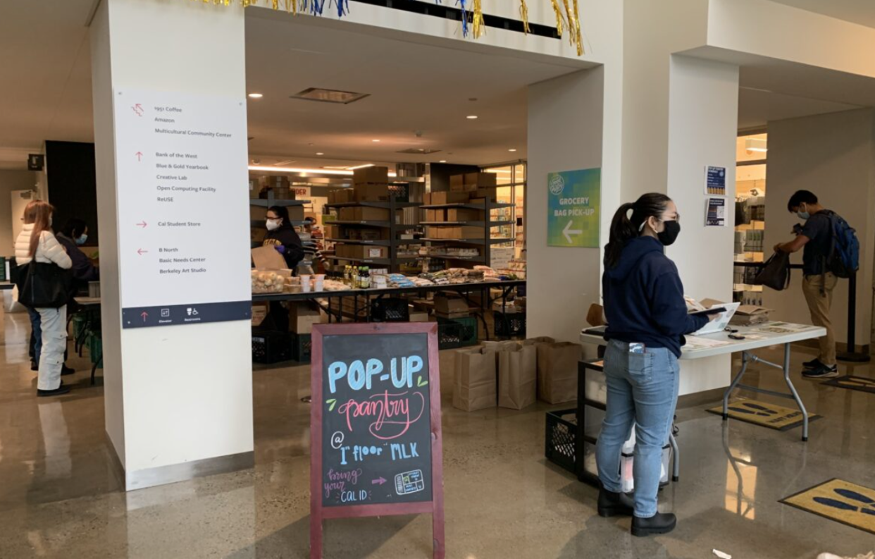 A food pantry on the UC Berkeley campus offers free groceries for students who need access to food and support with CalFresh applications.