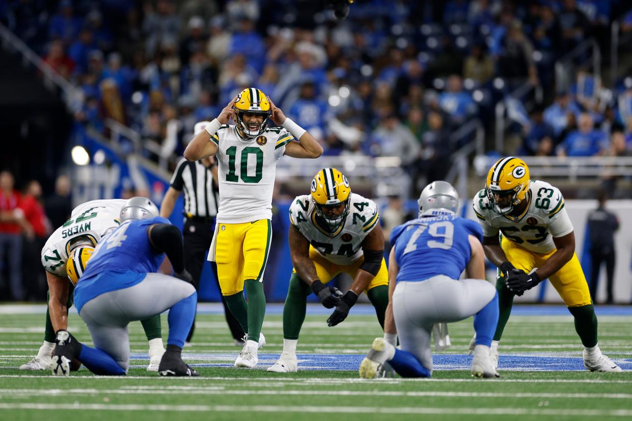 DETROIT, MICHIGAN - NOVEMBER 23: Jordan Love #10 of the Green Bay Packers reacts at the line of scrimmage against the Detroit Lions during the fourth quarter of the game at Ford Field on November 23, 2023 in Detroit, Michigan. (Photo by Mike Mulholland/Getty Images)