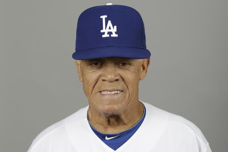 FILE - This is a 2013 photo of Los Angeles Dodgers' Maury Wills. Maury Wills, who helped the Los Angeles Dodgers win three World Series titles with his base-stealing prowess, has died. The team says Wills died Monday night, Sept. 19, 2022, in Sedona, Ariz. He was 89. (AP Photo/Paul Sancya, File)