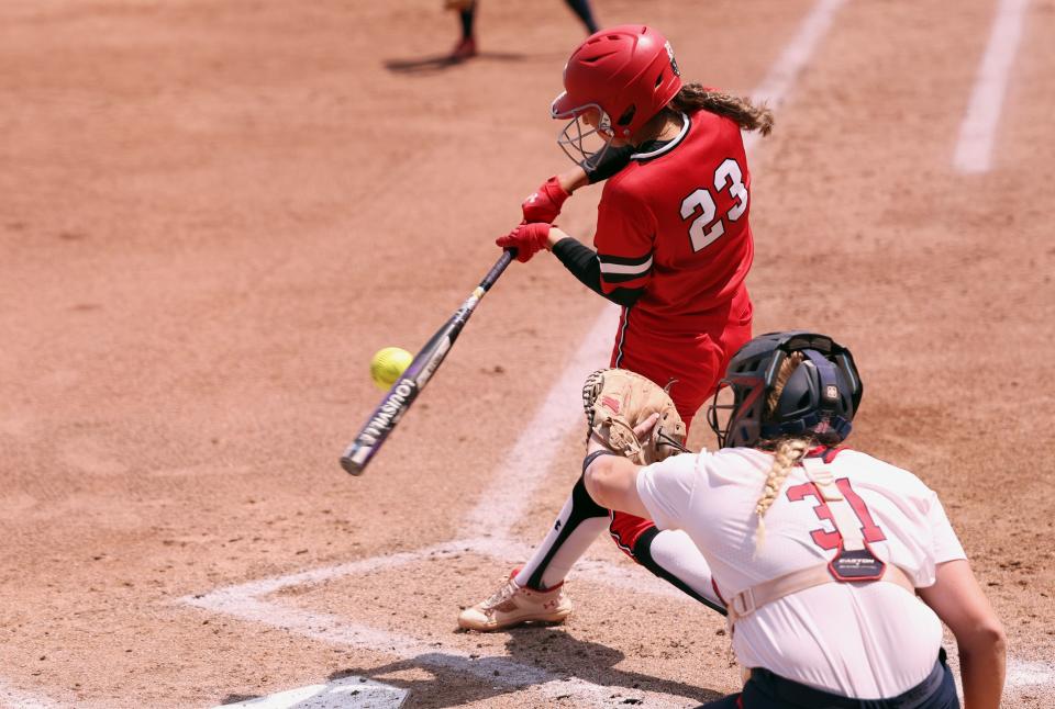 Utah’s Aliya Belarde, swings on a pitch as the University of Utah softball team plays Ole Miss in NCAA softball regional championship at Utah in Salt Lake City on Sunday, May 21, 2023. Utah won 4-1. | Scott G Winterton, Deseret News