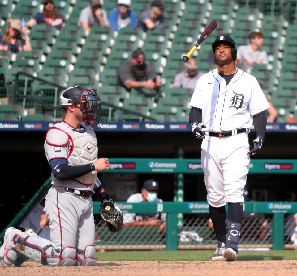 Detroit Tigers second baseman Jonathan Schoop (7) reacts to a called strike thrown by Minnesota Twins relief pitcher Alex Colome during ninth inning action on Wednesday, April 7, 2021, at Comerica Park in Detroit.