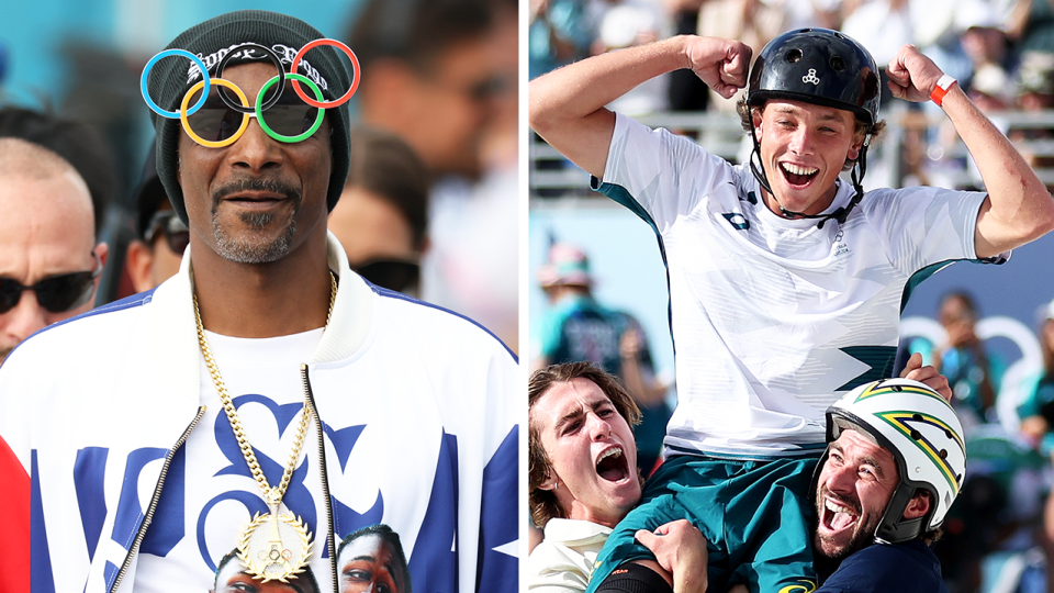 Australian skateboarding champion Keegan Palmer (pictured right) has revealed the exciting moment he shared with Snoop Dogg (pictured left) at the Olympics. (Getty Images)