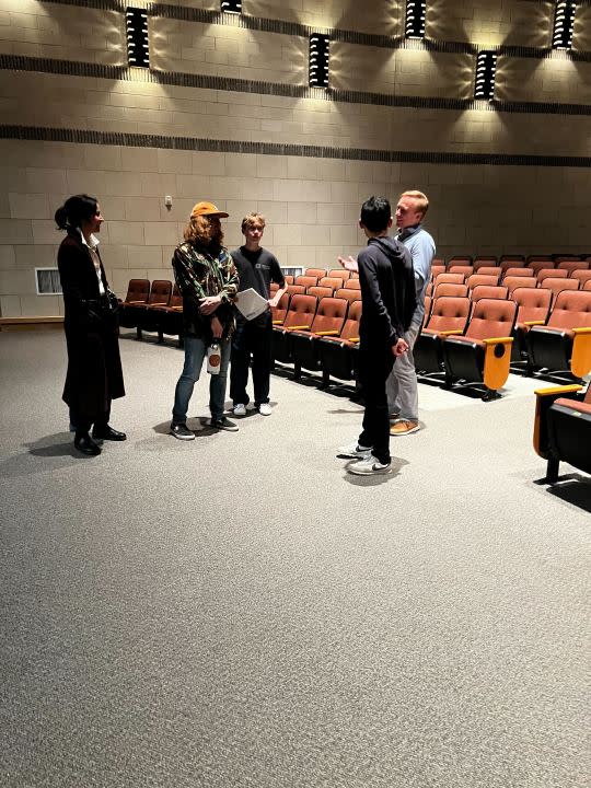 Ben and Liz Kweller and their son Judah talk to Matt Ehlers of Dripping Springs ISD and Ivan Trevino about a piece of music that was written in honor of Dorian ‘Zev’ Kweller. (Viewer-submitted photo)