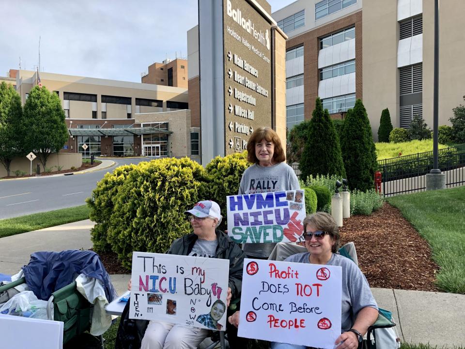 Protesters gather in opposition to the closure of the neonatal intensive care unit at Holston Valley Medical Center, a Ballad Health hospital, in 2019.