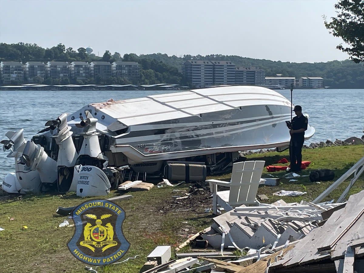 A boat was overturned after a crash at Lake of the Ozarks (Missouri State Highway Patrol)