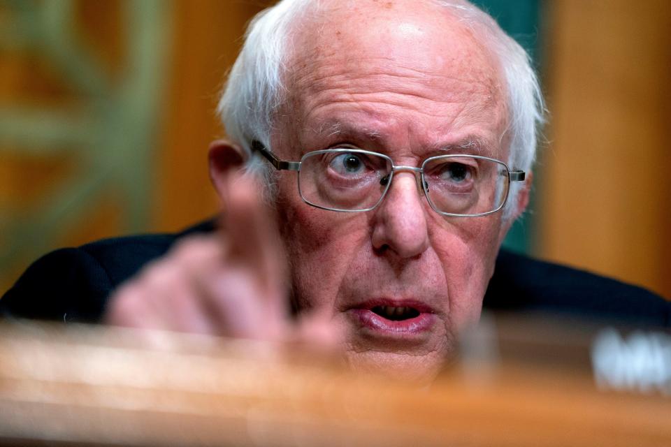 <p>Walmart pays ‘starvation wages’ says Bernie Sanders in passionate defence of $15 minimum wage</p> (Photo by STEFANI REYNOLDS/POOL/AFP via Getty Images)