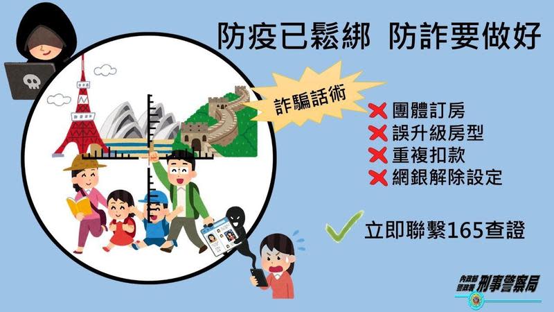 國內疫情解封，民眾報復性出遊，警方提醒民眾訂房後，小心接到假冒飯店及銀行的詐騙電話。（警方提供）