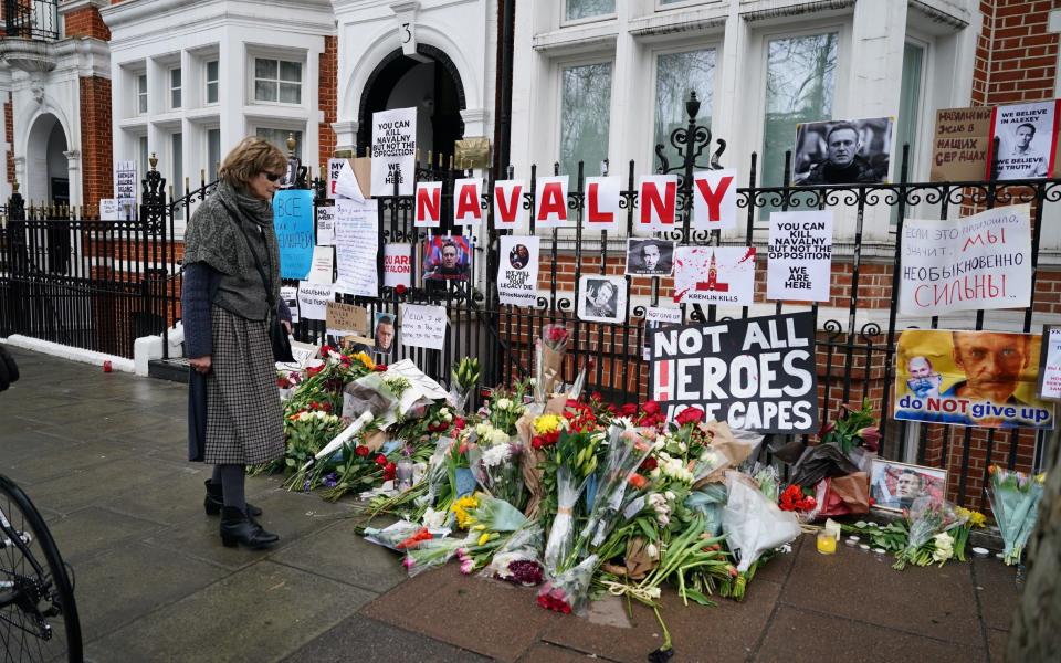 Floral tributes the Russian Embassy in London the Russian Embassy in London, for jailed Russian opposition leader Alexei Navalny who died on Friday.