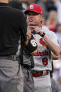 St. Louis Cardinals manager Mike Shildt, right, argues with umpire Doug Eddings during the ninth inning of a baseball game against the Chicago Cubs in Chicago, Sunday, Sept. 26, 2021. Shildt was ejected by umpire Bill Miller. (AP Photo/Nam Y. Huh)