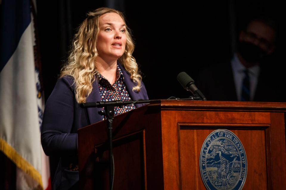 Emily Schmitt, General Counsel of Sukup Manufacturing, speaks during a press conference at Iowa PBS on Wednesday, March 10, 2021, in Johnston, IA. Iowa Governor Kim Reynolds said that 1 million Iowan's will soon have been vaccinated against COVID-19.