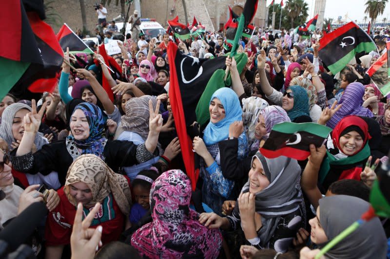 Women celebrate the revolution against Moammar Gadhafi's regime and ask for more women's rights in Tripoli, Libya, on September, 2, 2011. On August 21, 2011, Libyan rebels, with NATO support, stormed into Tripoli and seized control of Moammar Gadhafi's besieged country, setting up their own government at the end of a three-day battle. File Photo by Tarek Elframawy/UPI