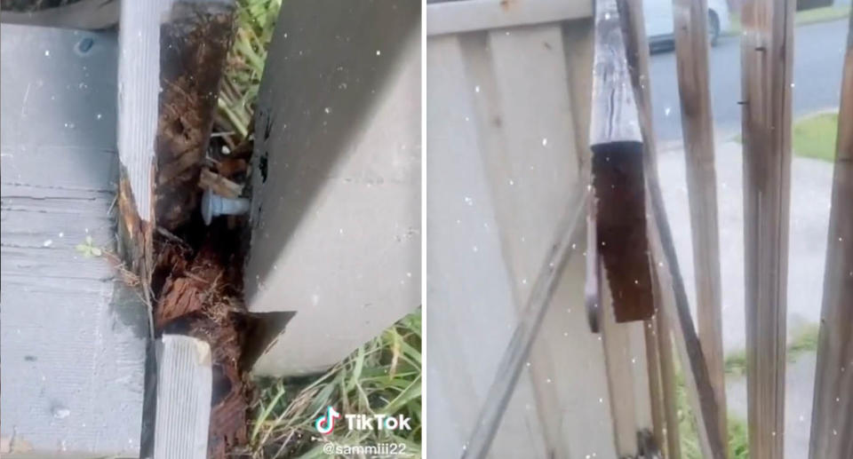 A photo of her deck being broken with the screw sticking out. Another photo of her gate being broken and the nails sticking out.