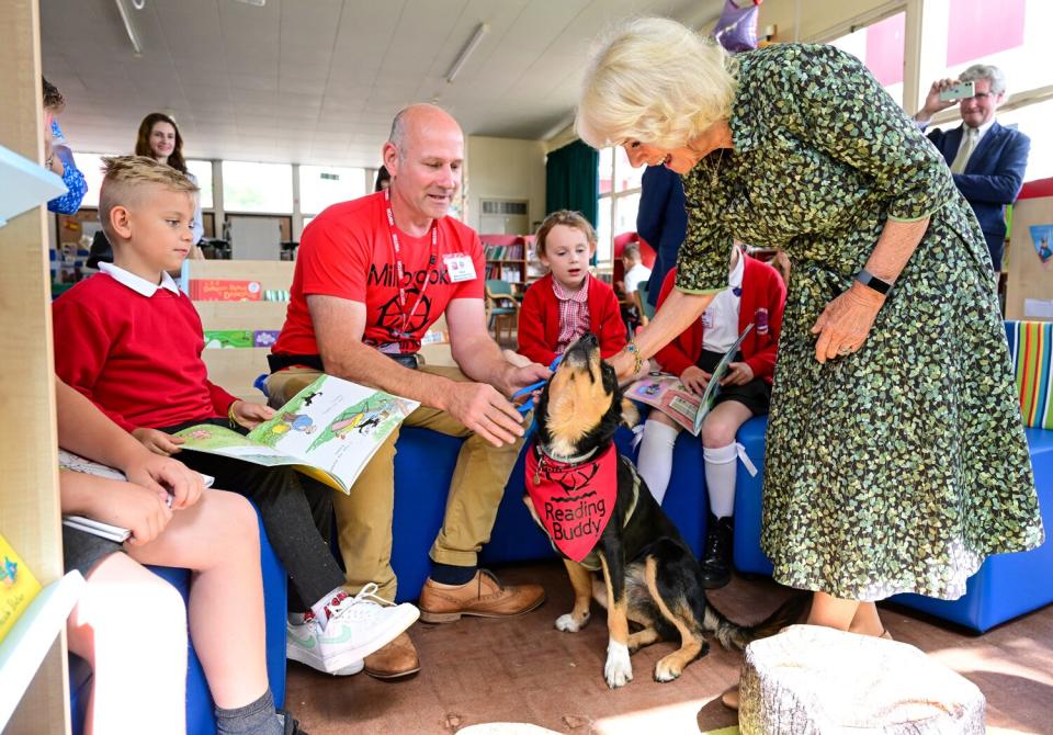 Camilla, Duchess of Cornwall talks to pupils and meets the Reading Buddy dog 'Taliesin' in the new library during her visit to Millbrook Primary School