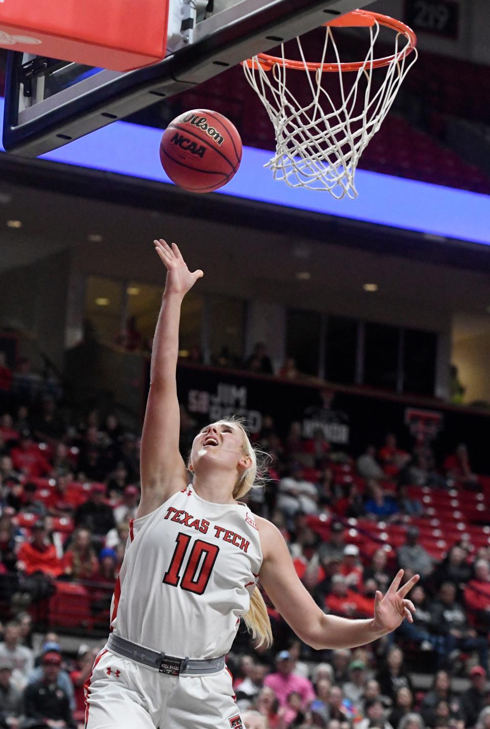 Texas Tech's forward Bryn Gerlich (10) shoots a field goal against UTEP in the Women's National Invitation Tournament first round game, Thursday, March 16, 2023, at United Supermarkets Arena. 