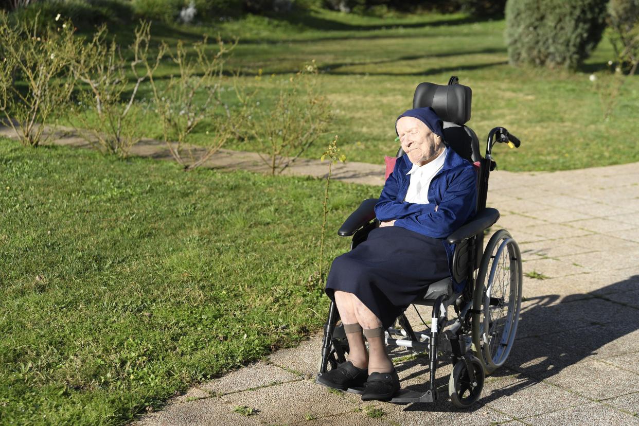 Sister Andre, Lucile Randon in the registry of birth, the eldest French and European citizen, sits in a wheelchair, on the eve of her 117th birthday - born on February 11, 1904