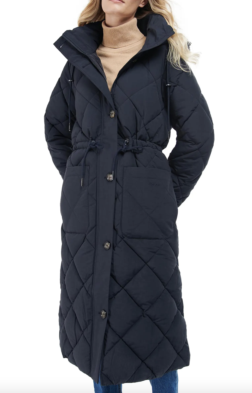woman wearing dark navy blue Ornisay Faux Fur Trim Quilted Longline Jacket (photo via Nordstrom)