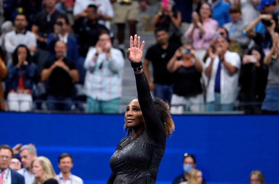 USA's Serena Williams waves to the audience after losing against Australia's Ajla Tomljanovic during their 2022 US Open Tennis tournament women's singles third round match at the USTA Billie Jean King National Tennis Center in New York, on September 2, 2022. (Photo by TIMOTHY A. CLARY / AFP) (Photo by TIMOTHY A. CLARY/AFP via Getty Images)