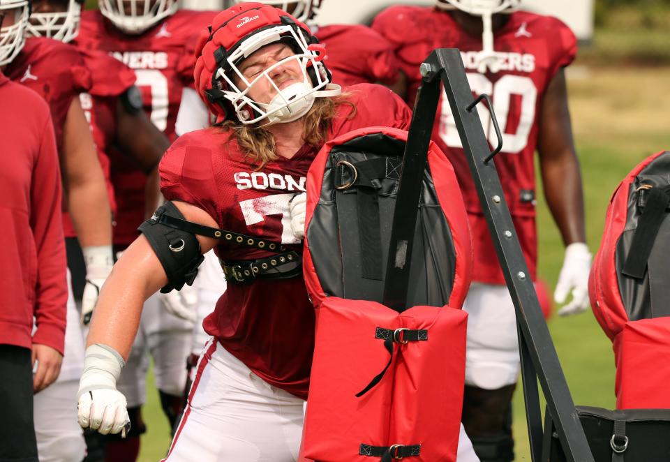 Offensive lineman McKade Mettauer (72) goes through drills as the University of Oklahoma Sooners (OU) holds fall camp practice at the rugby fields on Aug. 16, 2022 in Norman, Okla.  [Steve Sisney/For The Oklahoman]