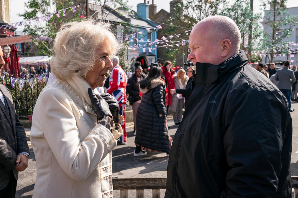 The Duchess of Cornwall with Steve McFadden during a visit to the set of EastEnders at the BBC studios in Elstree, Hertfordshire (Aaron Chown/PA)