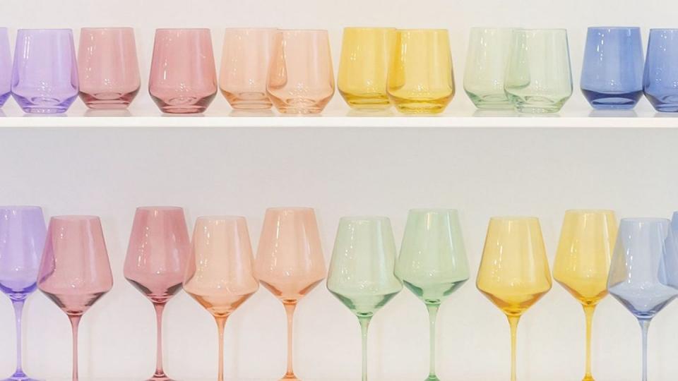 <p>Think about products you'll love using at home together, and when you entertain—like these chic colorful glasses by <a href="https://www.estellecoloredglass.com/" rel="nofollow noopener" target="_blank" data-ylk="slk:Estelle Glassware;elm:context_link;itc:0;sec:content-canvas" class="link ">Estelle Glassware</a>, pictured here.</p><p>Couples tend to entertain at home much more as they get older. And when hosting your closest friends, what drinks you'll be serving, and what glasses and stemware you will want to use should be top of mind. Sometimes the tiniest touches, like multi-colored cups and decanted wine, can make your guests feel extra special. </p>