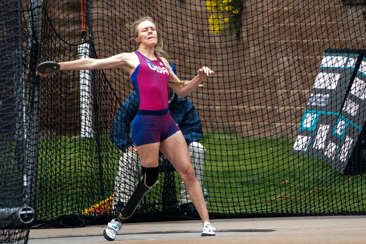 Jessica Heims throws the discus during the Drake Relays at Drake Stadium on Friday, April 26, 2024, in Des Moines.