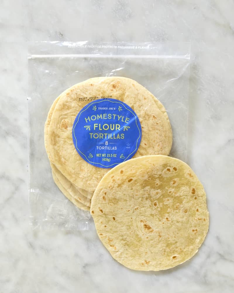 overhead shot of trader joe's homestyle flour tortillas