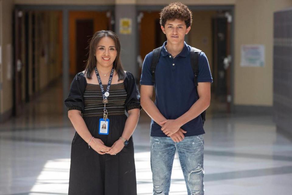 Fayette County Schools District Mental Health Specialist Karen Callahan poses for a portrait with graduating senior Marcelo Cordero at Paul Laurence Dunbar High School in Lexington, Ky., on Friday, May 26, 2023.