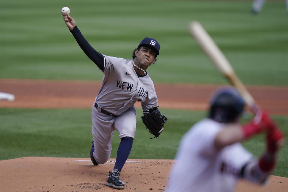 New York Yankees' Deivi Garcia delivers a pitch against the Boston Red Sox in the first inning of a baseball game Sunday, Sept. 20, 2020, in Boston. (AP Photo/Steven Senne)