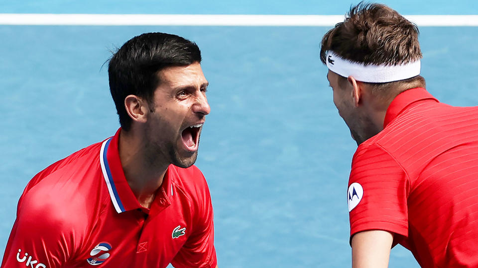 Pictured here, Novak Djokovic celebrates Serbia's ATP Cup victory over Canada. 