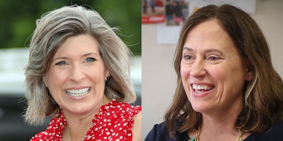 Democrat Theresa Greenfield, right, is competing for the chance to challenge Republican Sen. Joni Ernst.