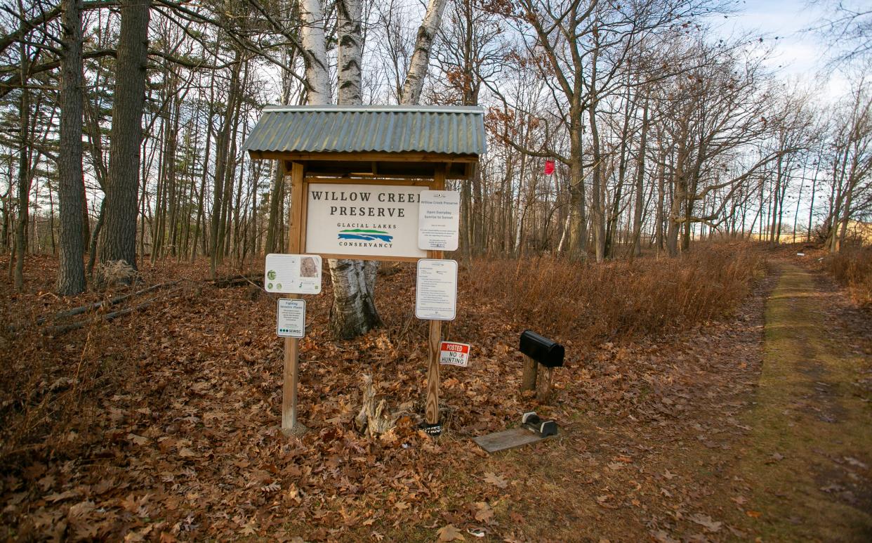 The sign at the entrance to Willow Creek Preserve, Friday, December 8, 2023, in Sheboygan, Wis. Glacial Lakes Conservancy is looking into water quality testing and recent grant to build stormwater systems in Willow Creek, an area vulnerable to wastewater runoff from neighboring businesses and roads in the Taylor Drive corridor.