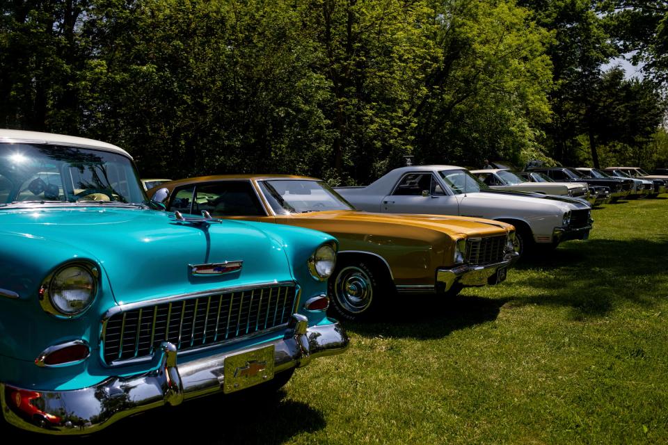 A variety of different cars lined up during a Friends with Classic Cars event on May 18, 2024, at Etheldra Mae Williams Park in the Brightmoor neighborhood in Detroit.