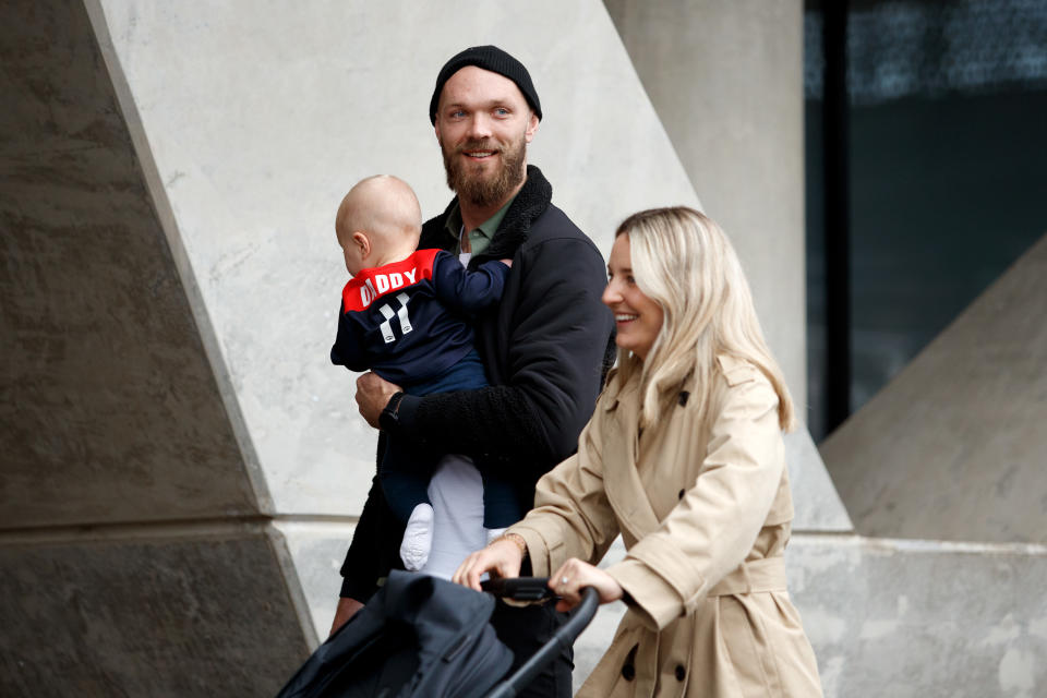 Max Gawn, pictured here with with son George and wife Jessica.