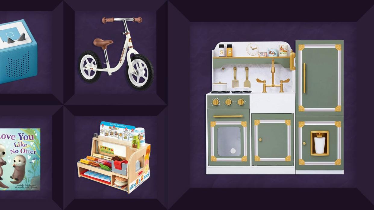 tonies audio player, balance bike, play kitchen, deli play set, i love you like no otter book